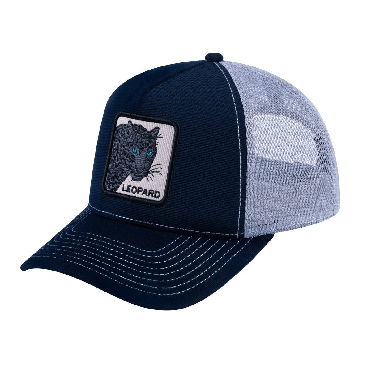 Leopard V2 5-Panel Trucker Hat with Navy front and Light Grey back