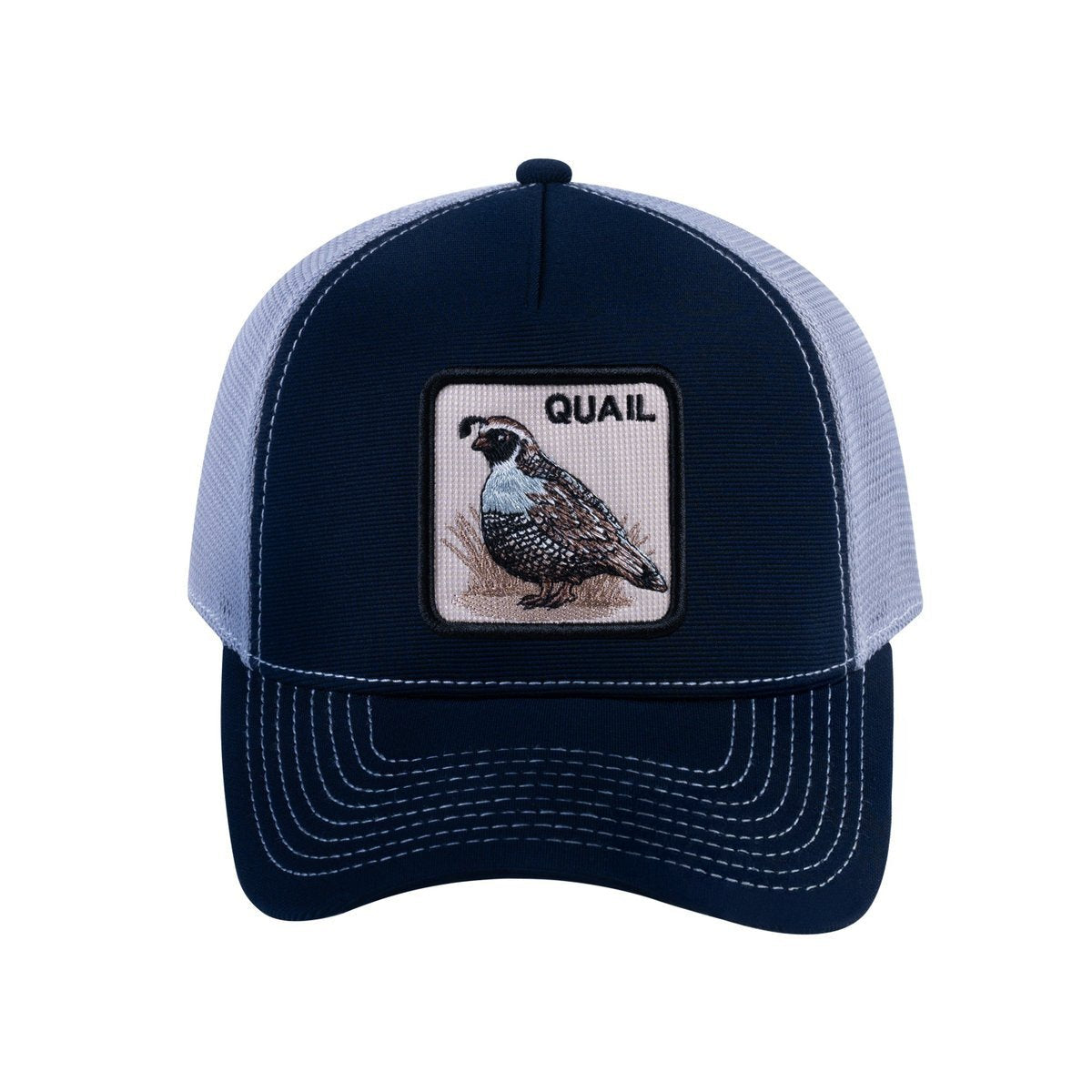 Quail V2 5-Panel Trucker Hat with Navy front and Light Grey back
