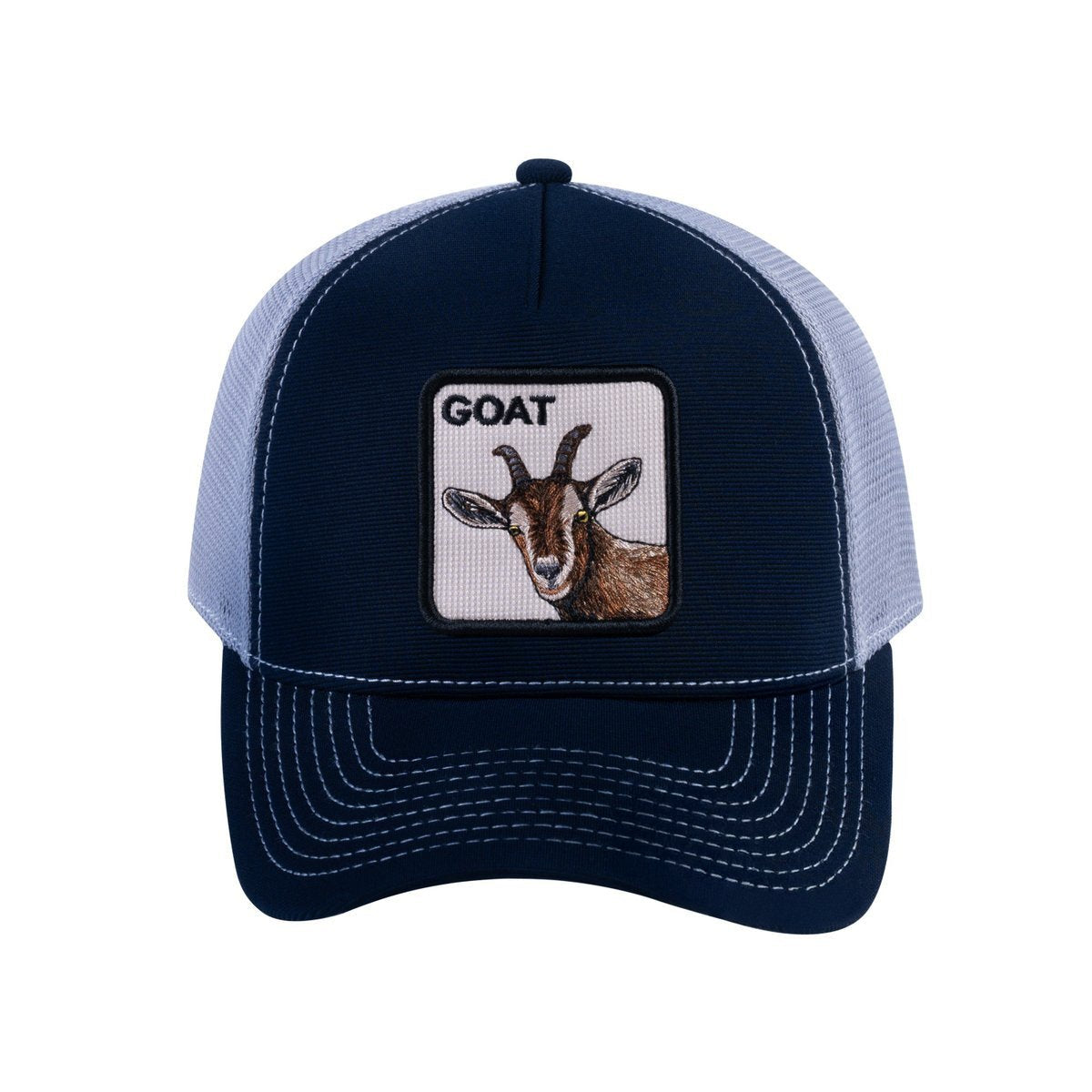 Goat V2 5-Panel Trucker Hat with Navy front and Light Grey back