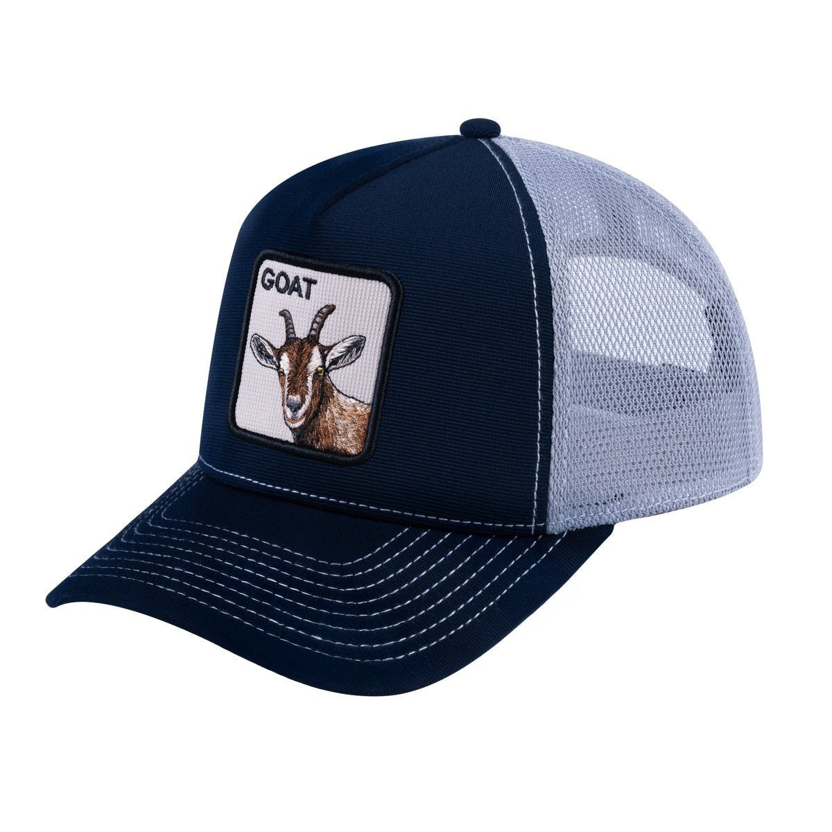 Goat V2 5-Panel Trucker Hat with Navy front and Light Grey back