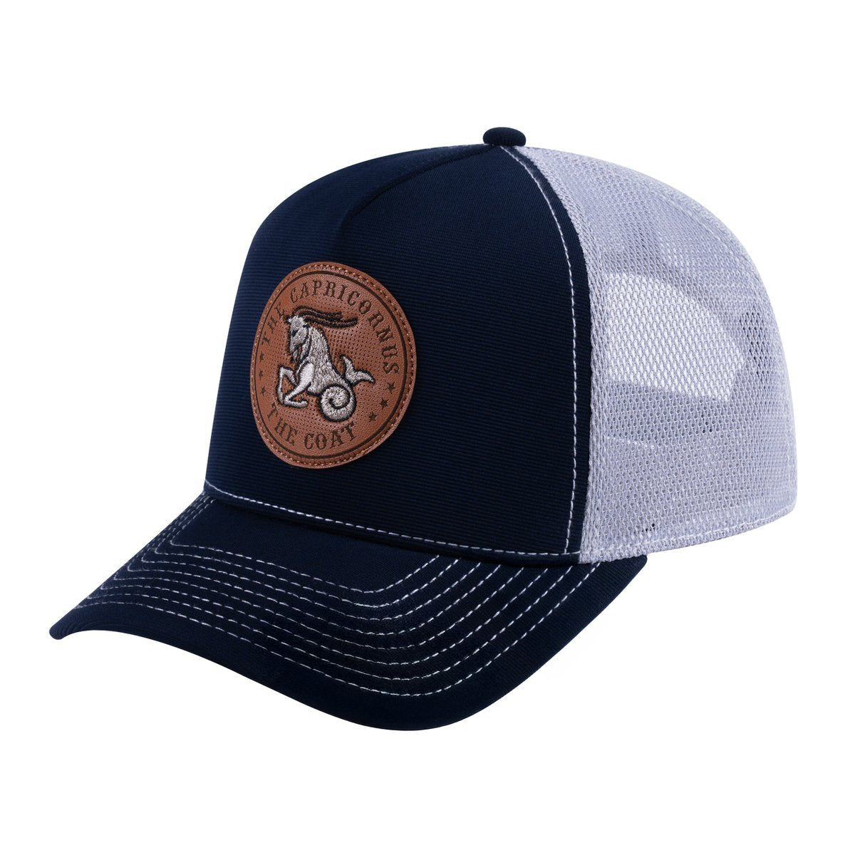 Capricorn Zodiac V2 5-Panel Trucker Hat with Navy front and Light Grey back