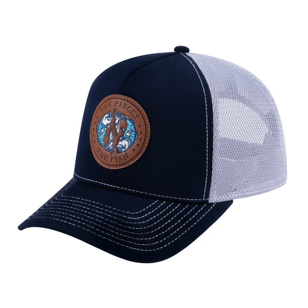 Pisces Zodiac V2 5-Panel Trucker Hat with Navy front and Light Grey back