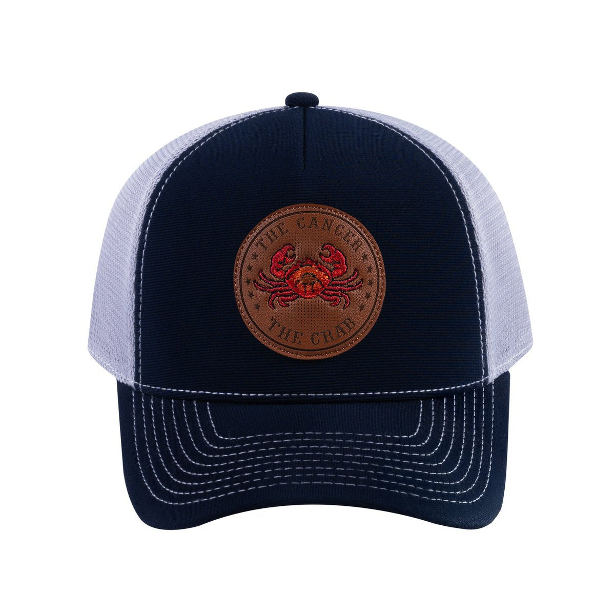 Cancer Zodiac V2 5-Panel Trucker Hat with Navy front and Light Grey back