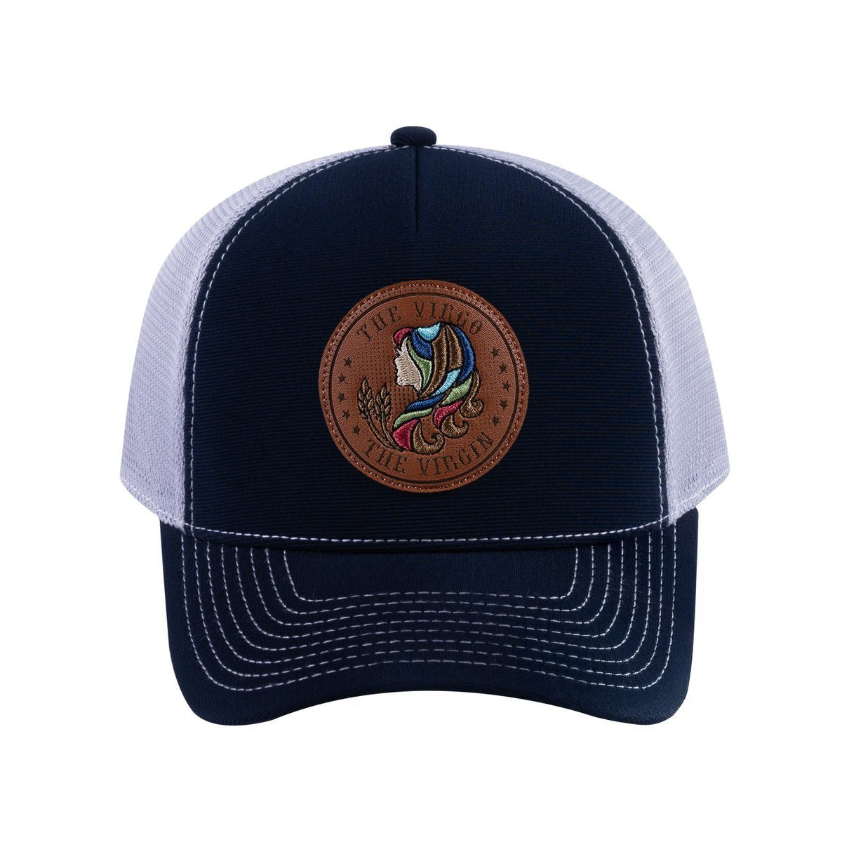 Virgo Zodiac V2 5-Panel Trucker Hat with Navy front and Light Grey back