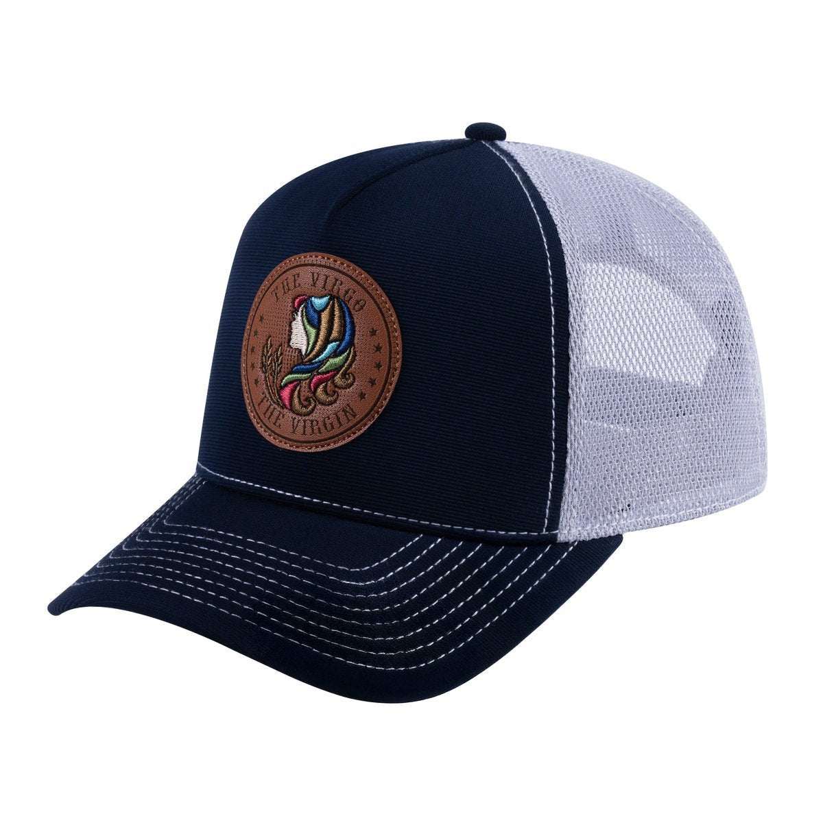 Virgo Zodiac V2 5-Panel Trucker Hat with Navy front and Light Grey back