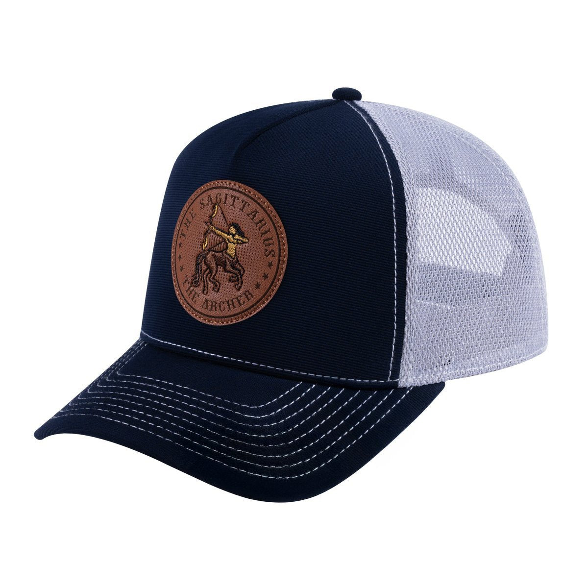 Sagittarius Zodiac V2 5-Panel Trucker Hat with Navy front and Light Grey back