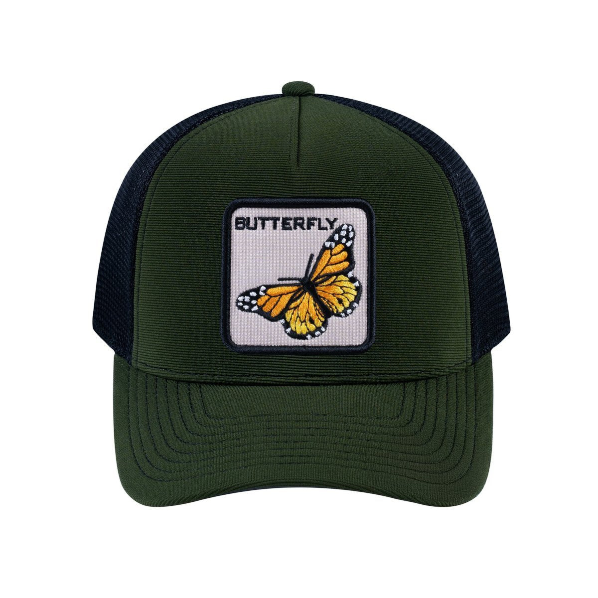 Butterfly V2 5-Panel Trucker Hat with Olive front and Black back