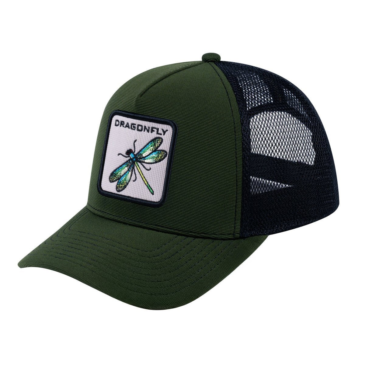 Dragonfly V2 5-Panel Trucker Hat with Olive front and Black back