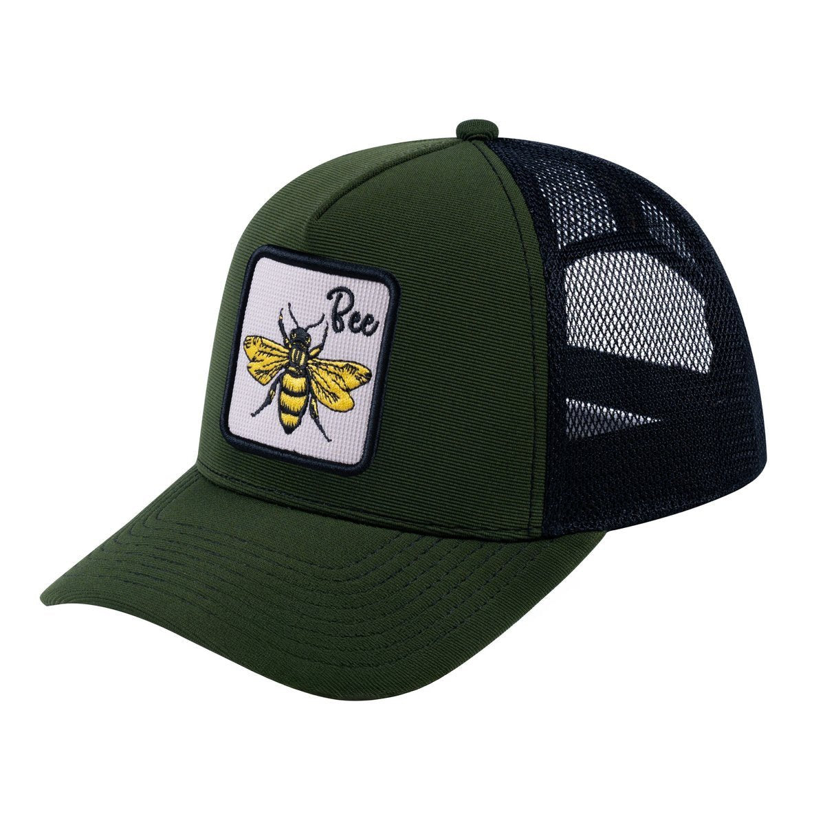 Bee V2 5-Panel Trucker Hat with Olive front and Black back