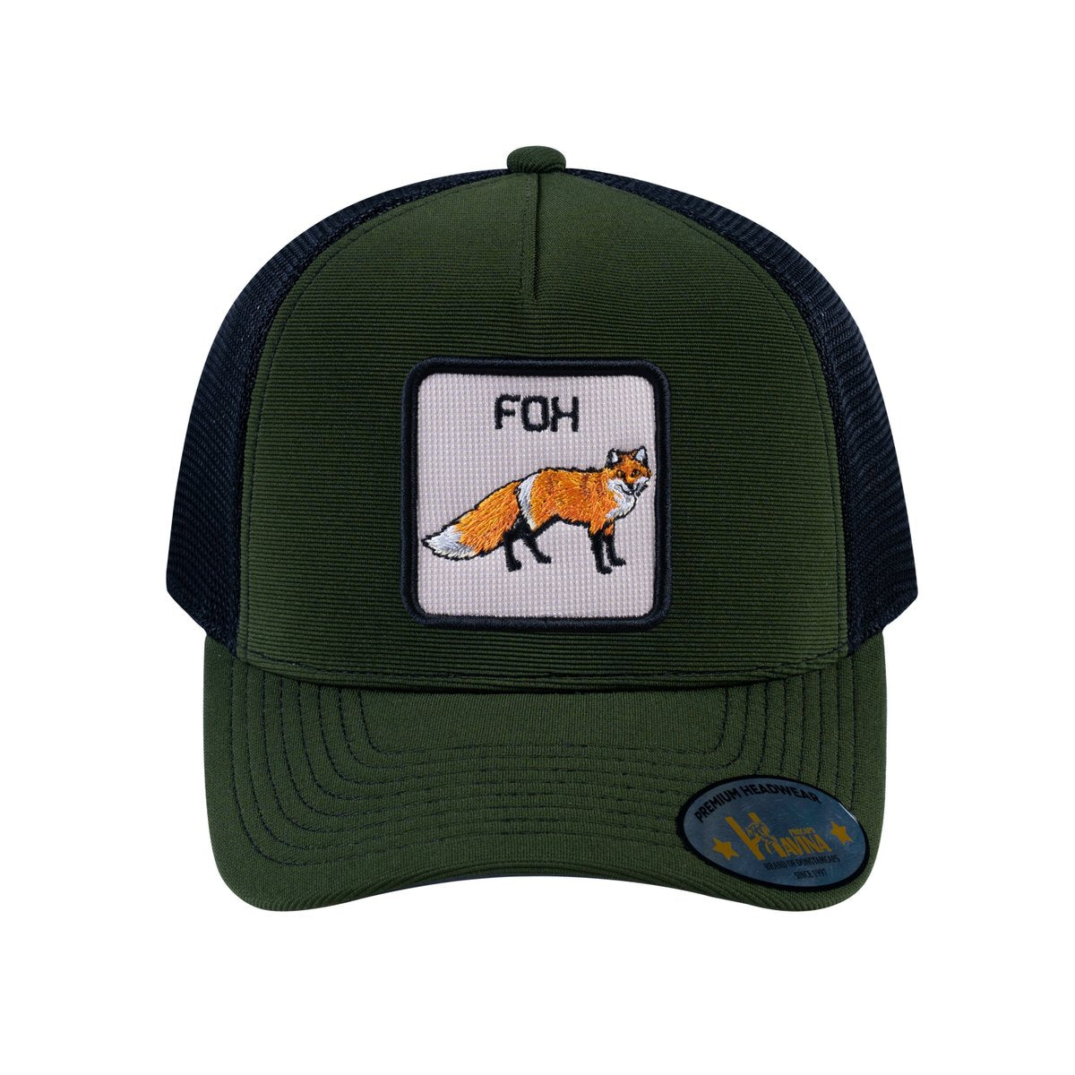 Fox V2 5-Panel Trucker Hat with Olive front and Black back