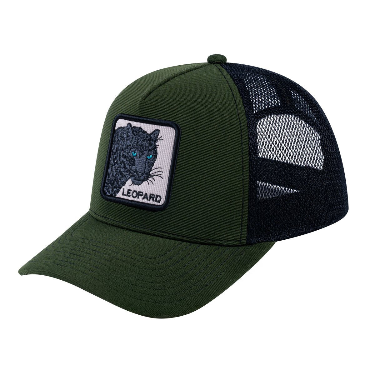 Leopard V2 5-Panel Trucker Hat with Olive front and Black back