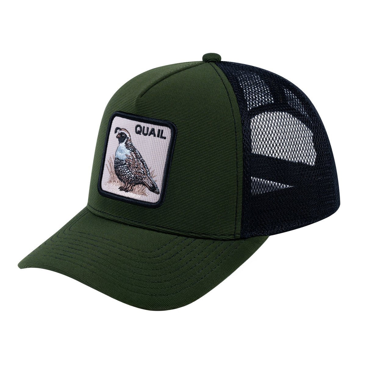 Quail V2 5-Panel Trucker Hat with Olive front and Black back