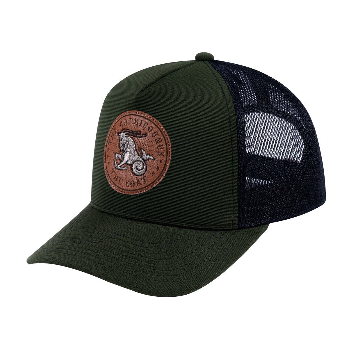 Capricorn Zodiac V2 5-Panel Trucker Hat with Olive front and Black back