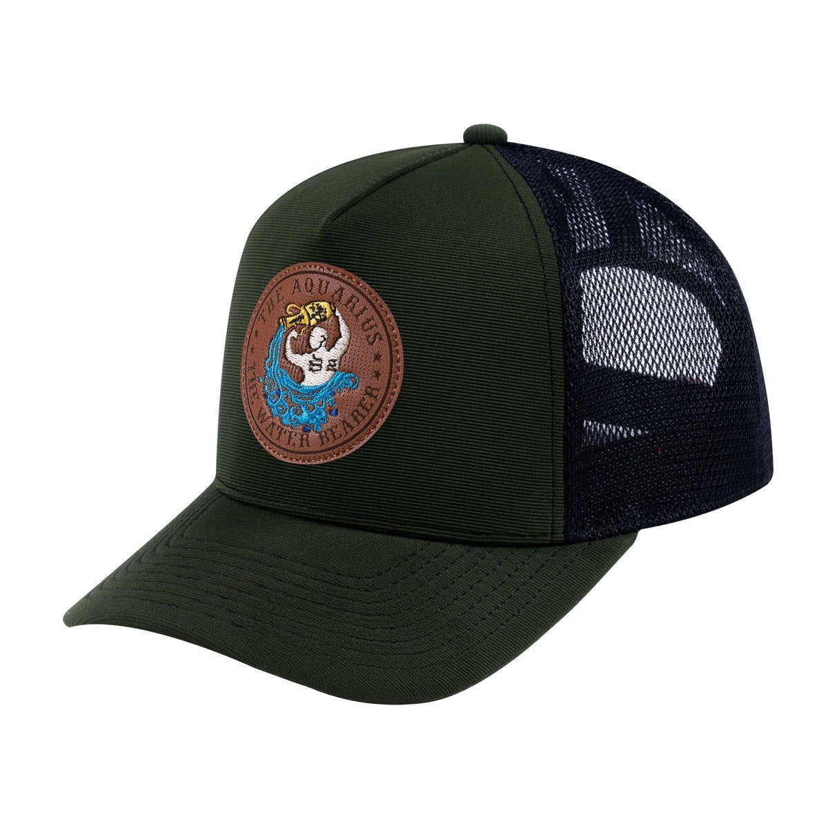 Aquarius Zodiac V2 5-Panel Trucker Hat with Olive front and Black back