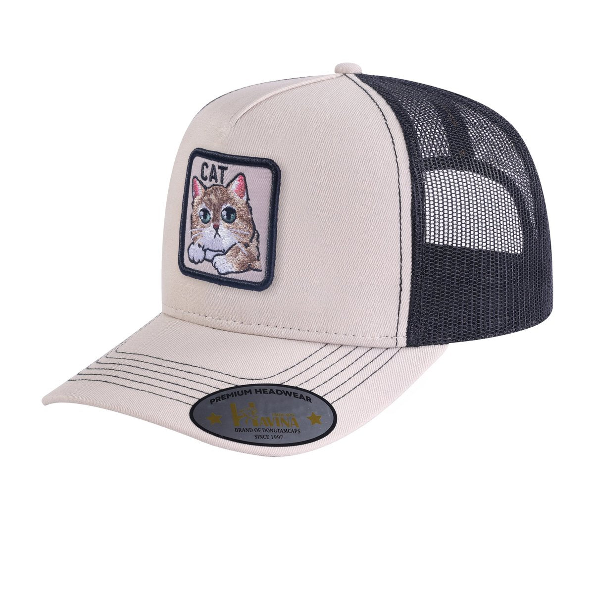 Cat 5-Panel Trucker Hat with Beige front and Black back