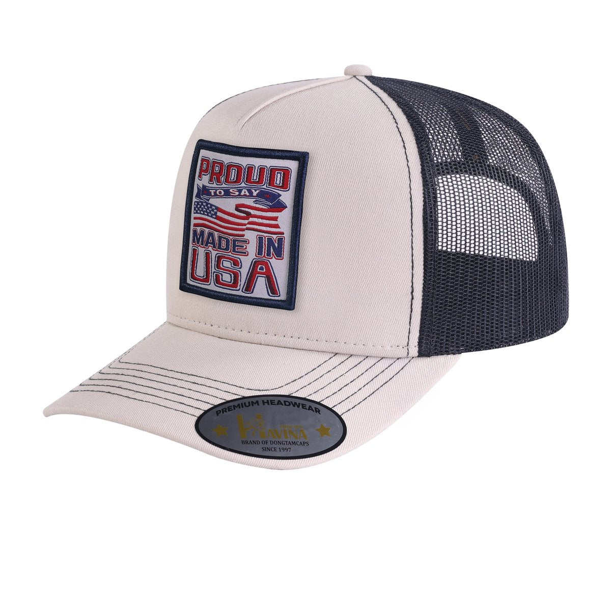 Proud to Say Made in USA 5-Panel Trucker Hat with Beige front and Black back