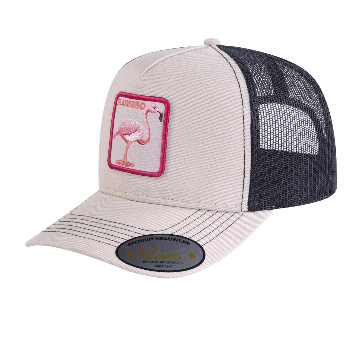 Flamingo 5-Panel Trucker Hat with Beige front and Black back