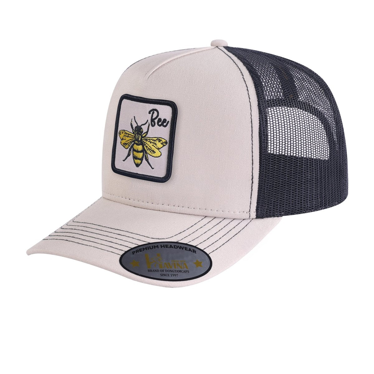 Bee 5-Panel Trucker Hat with Beige front and Black back