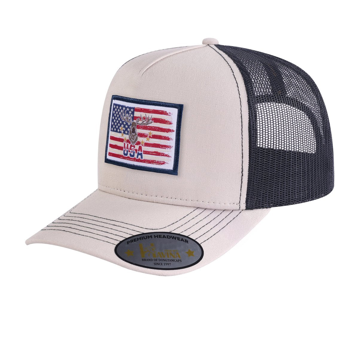 USA Deer Hunter 5-Panel Trucker Hat with Beige front and Black back