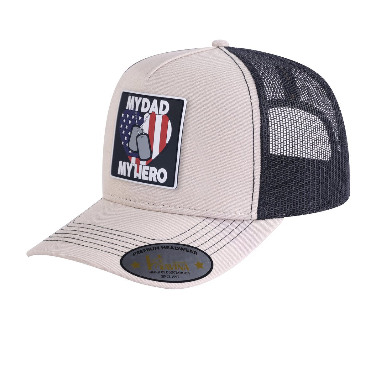 My Dad My Hero 5-Panel Trucker Hat with Beige front and Black back