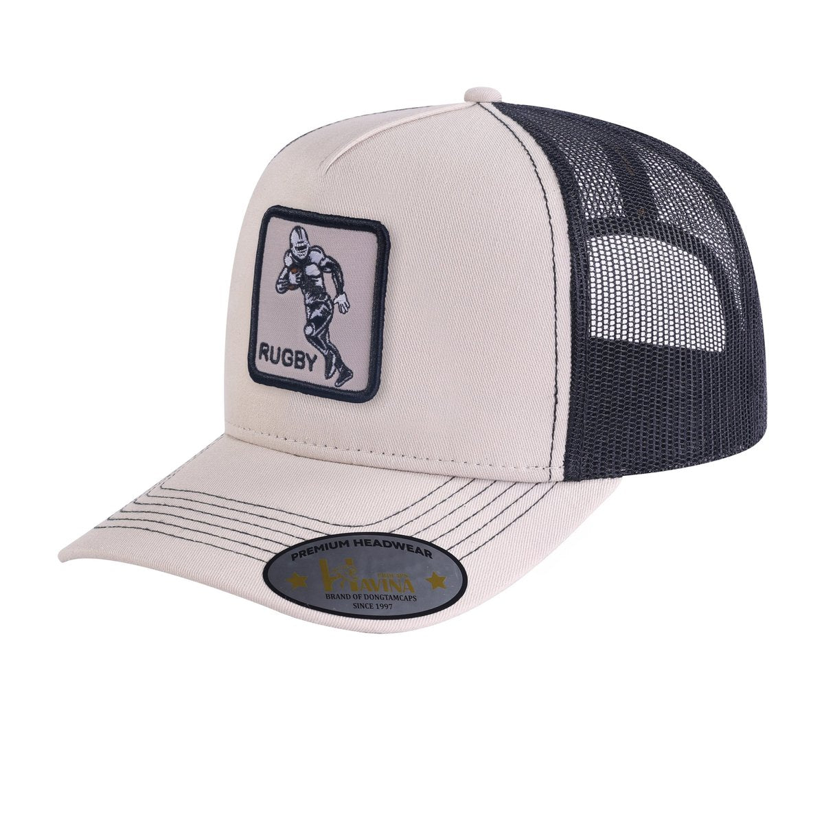 Rugby 5-Panel Trucker Hat with Beige front and Black back