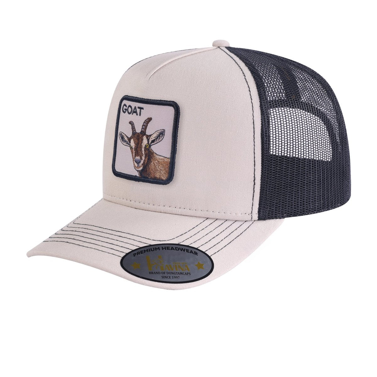 Goat 5-Panel Trucker Hat with Beige front and Black back