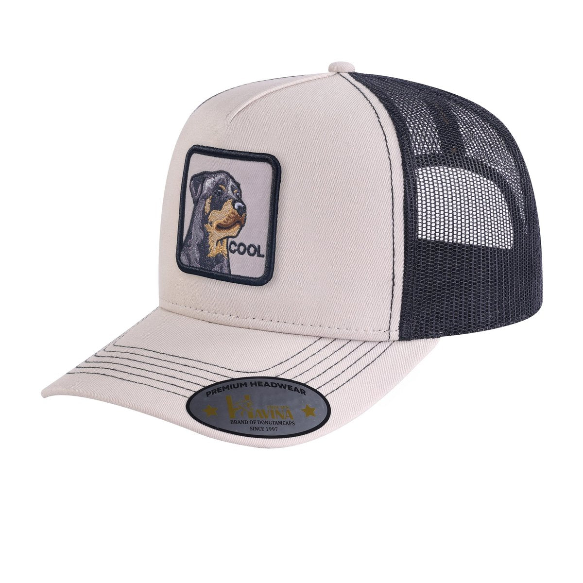 Cool Dog 5-Panel Trucker Hat with Beige front and Black back