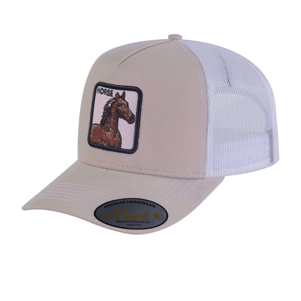 Horse 5-Panel Trucker Hat with Beige front and White back
