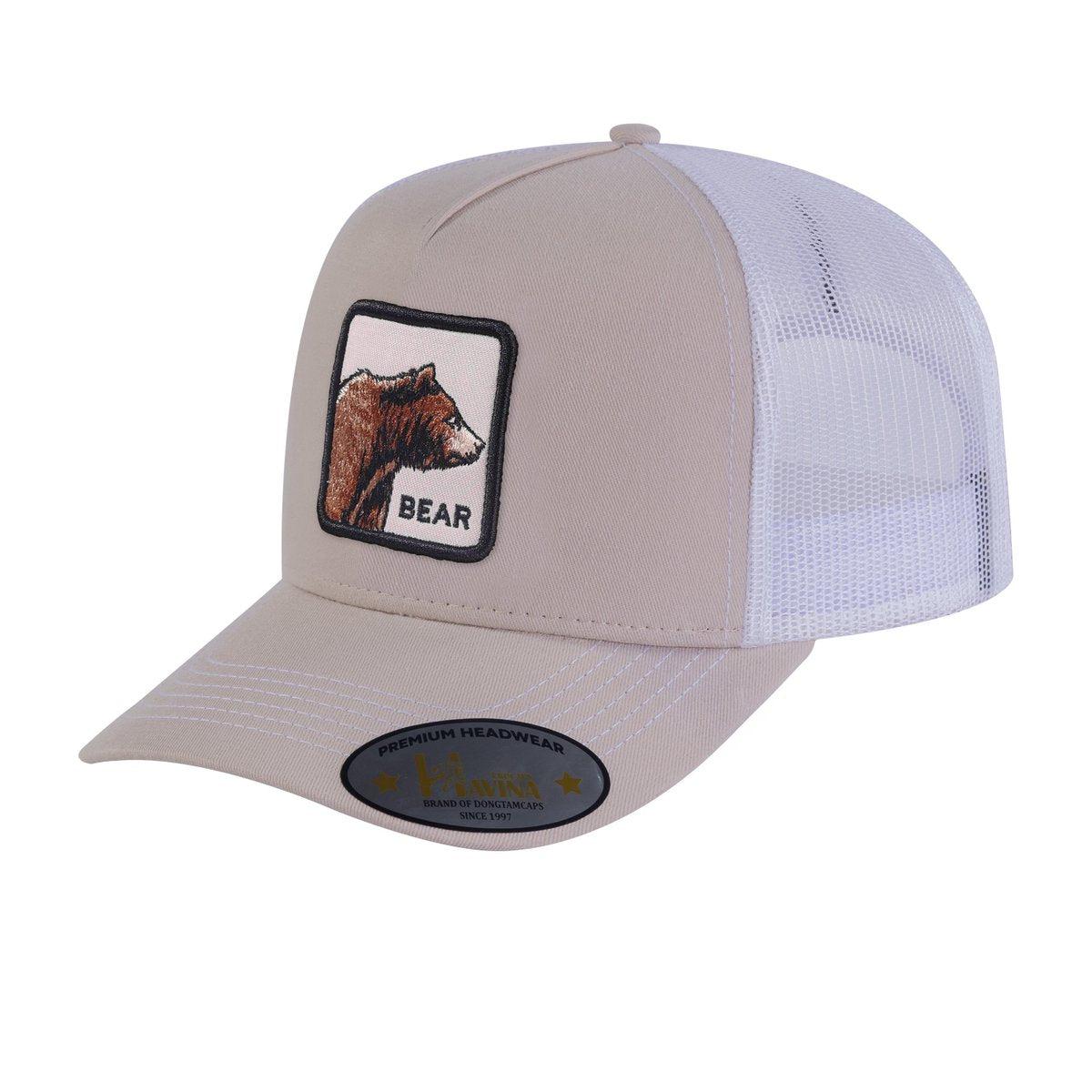 Bear 5-Panel Trucker Hat with Beige front and White back