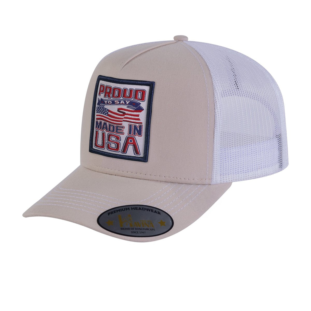 Proud to Say Made in USA 5-Panel Trucker Hat with Beige front and White back