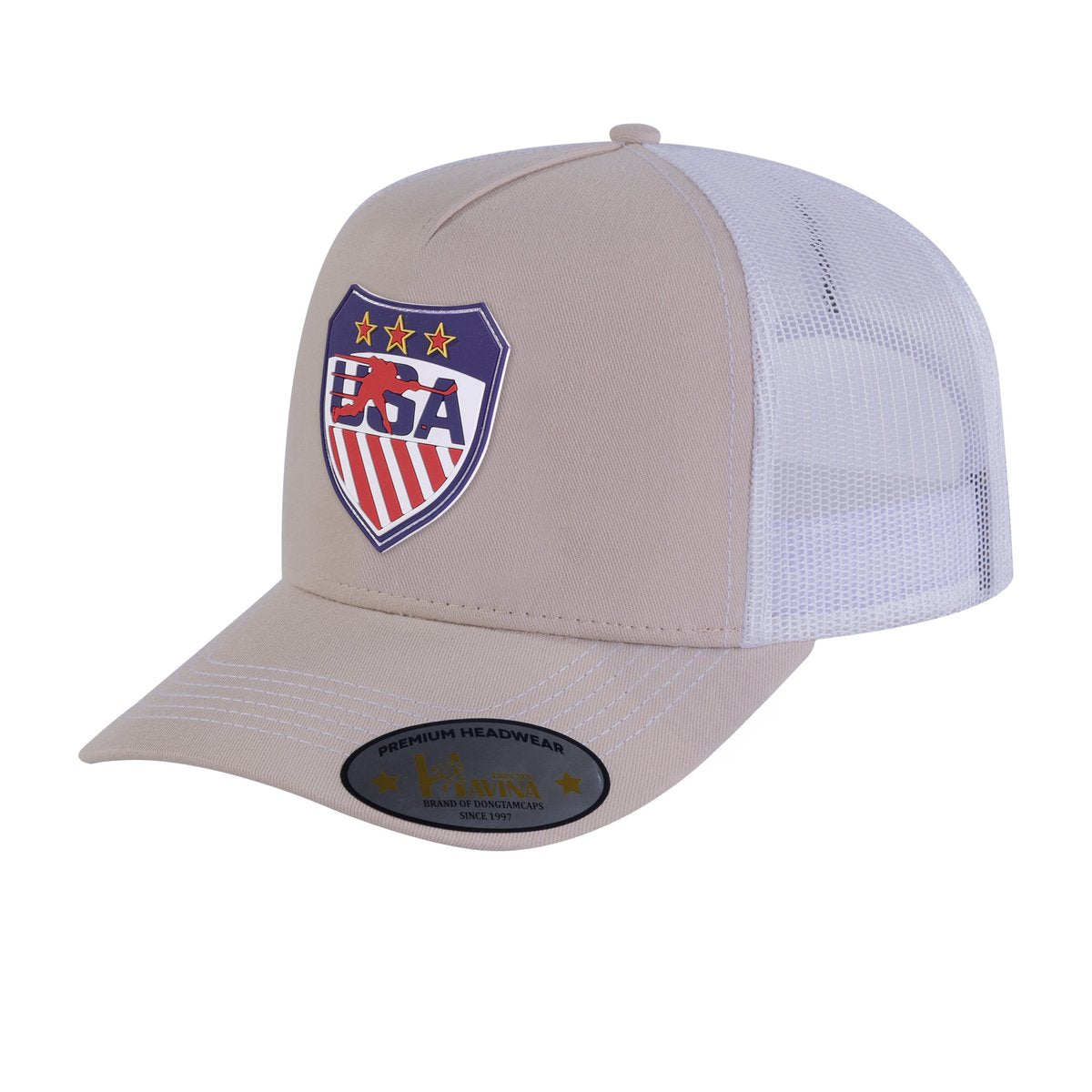 Loving Hockey 5-Panel Trucker Hat with Beige front and White back