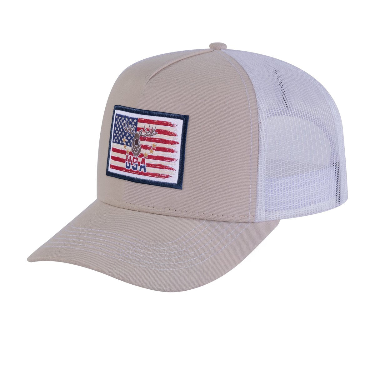 USA Deer Hunter 5-Panel Trucker Hat with Beige front and White back