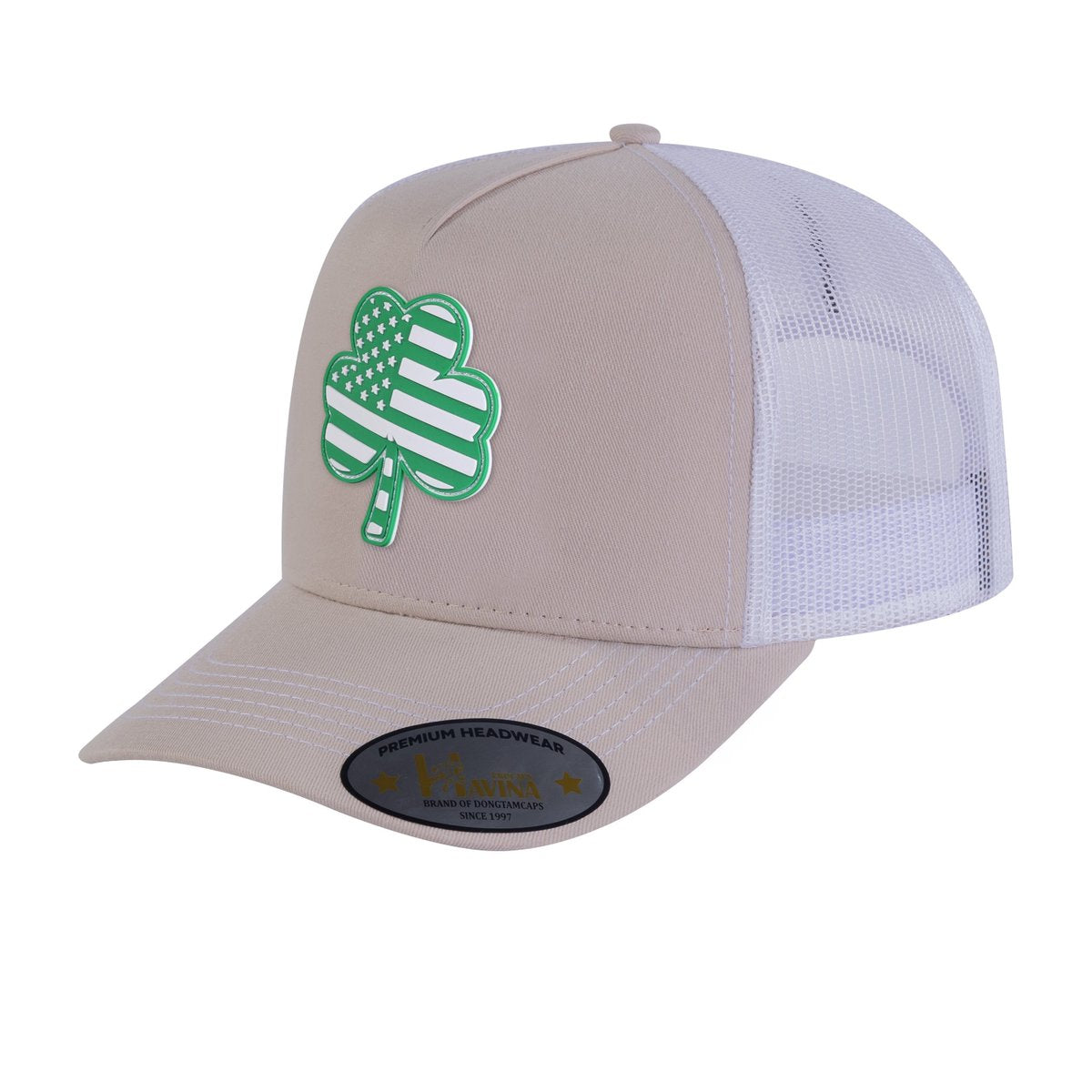 St. Patrick's Day Four Leaf Shamrock 5-Panel Trucker Hat with Beige front and White back