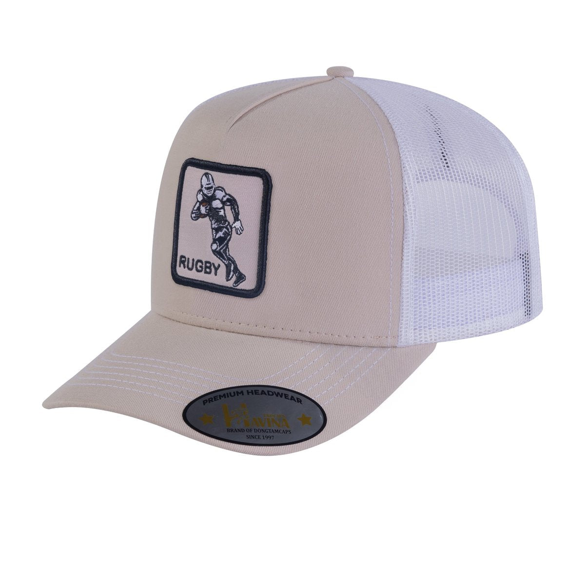 Rugby 5-Panel Trucker Hat with Beige front and White back
