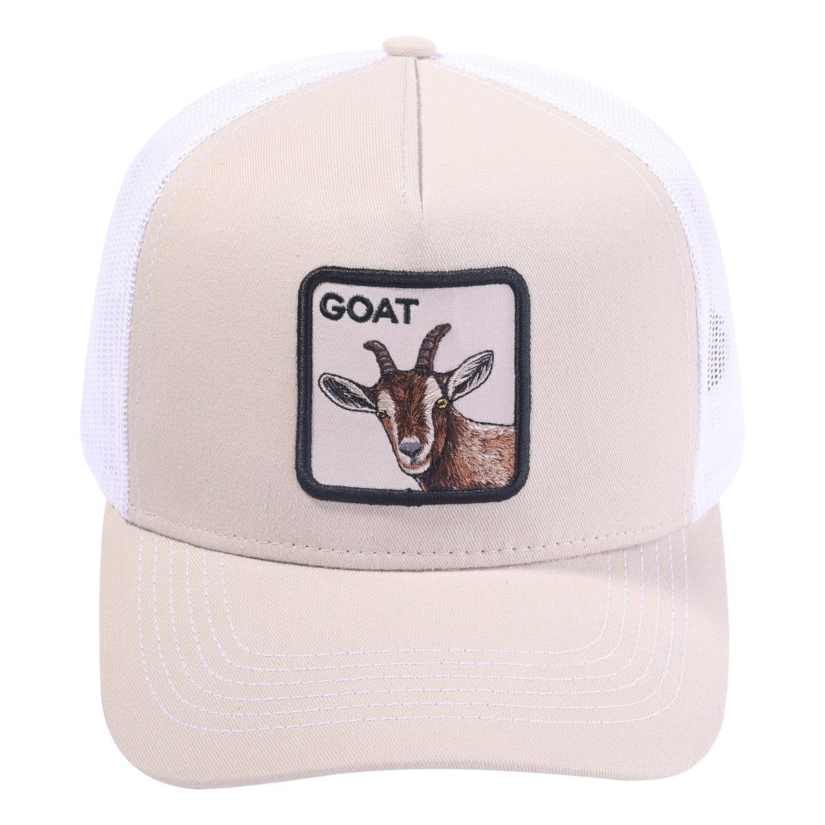 Goat 5-Panel Trucker Hat with Beige front and White back