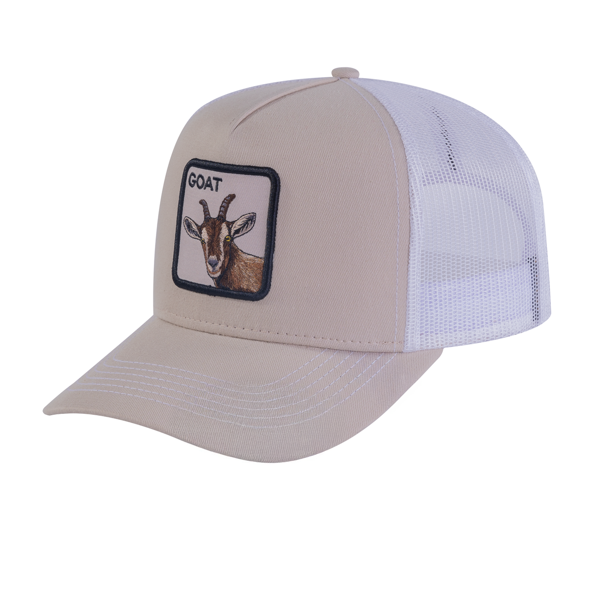 Goat 5-Panel Trucker Hat with Beige front and White back