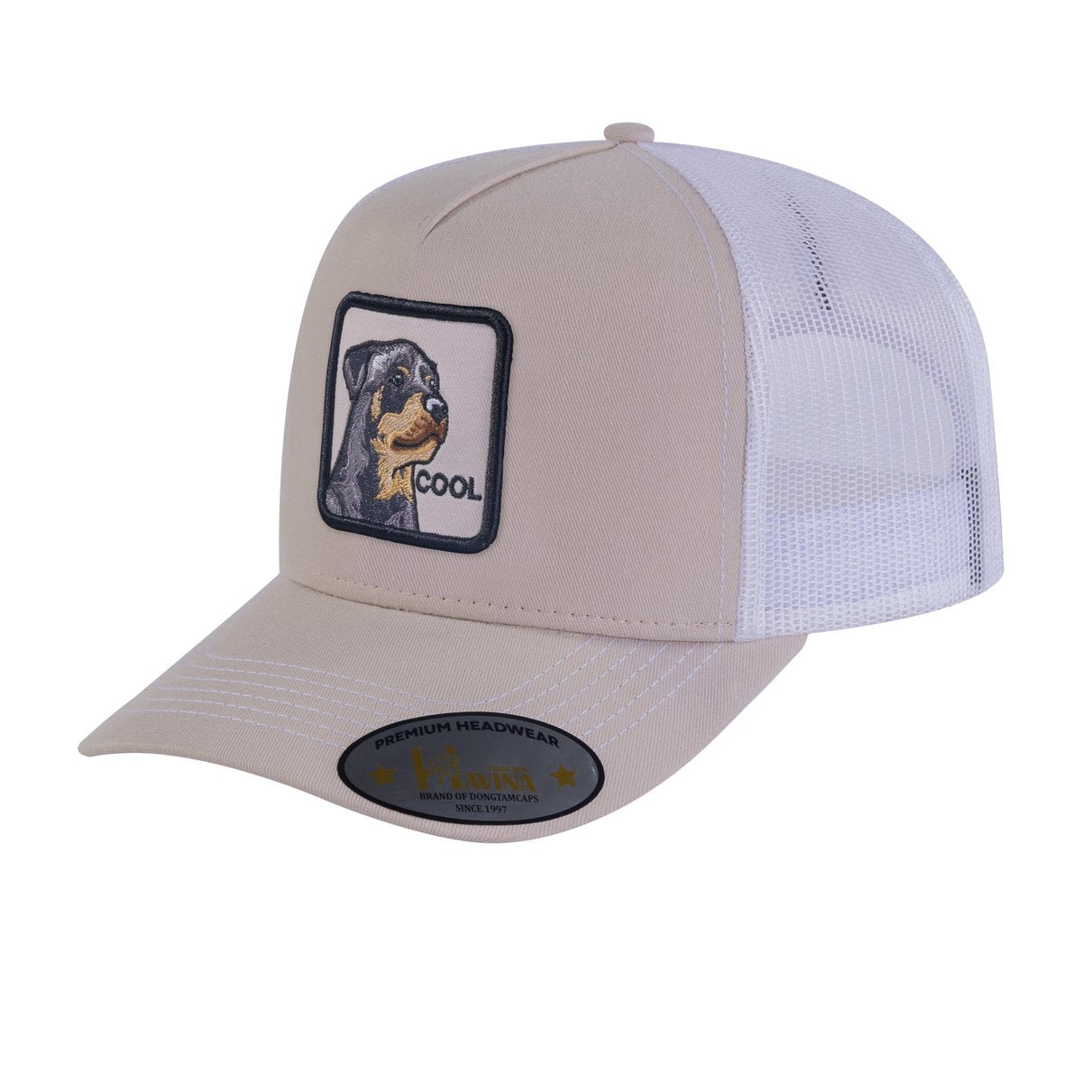 Cool Dog 5-Panel Trucker Hat with Beige front and White back