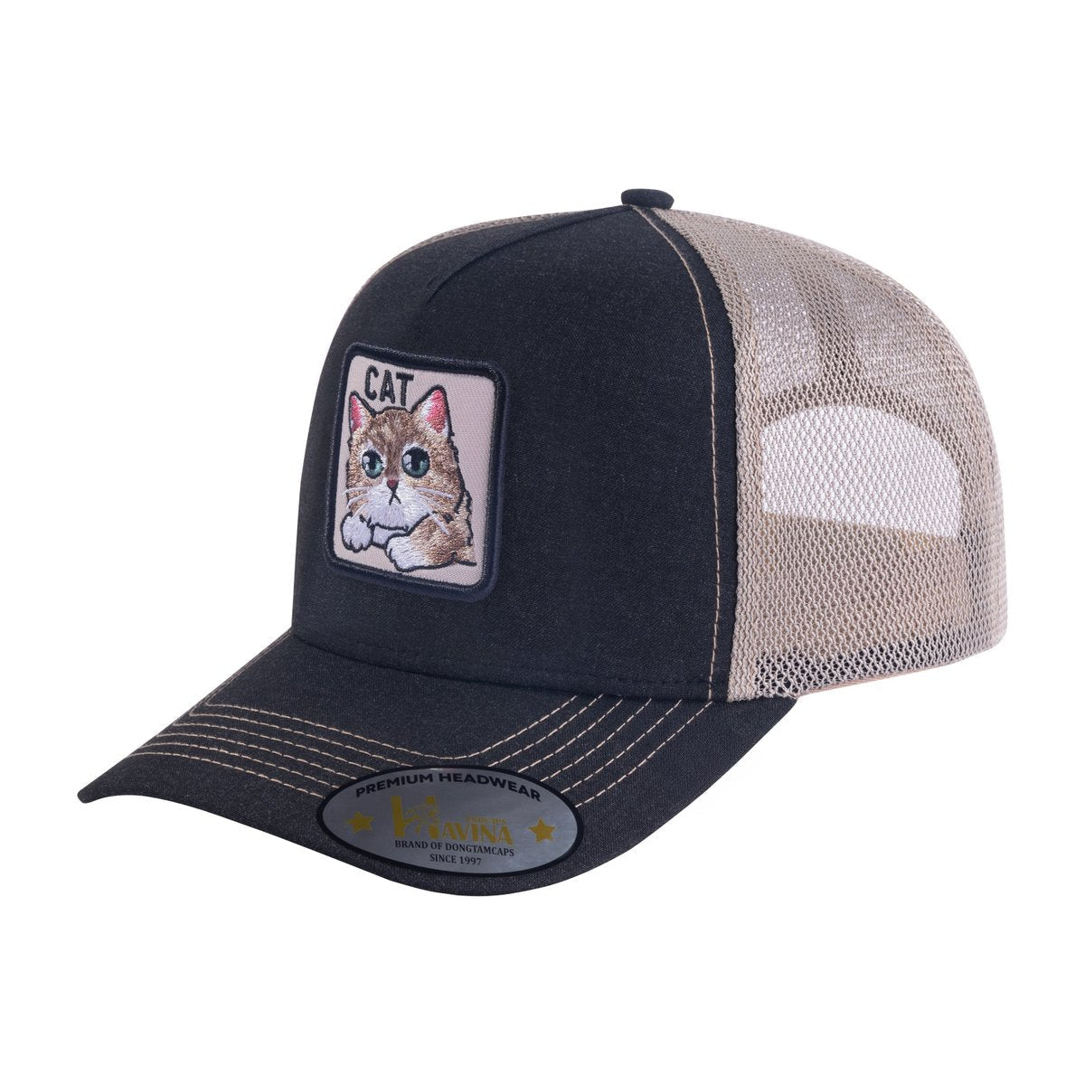 Cat 5-Panel Trucker Hat with Black front and Khaki back