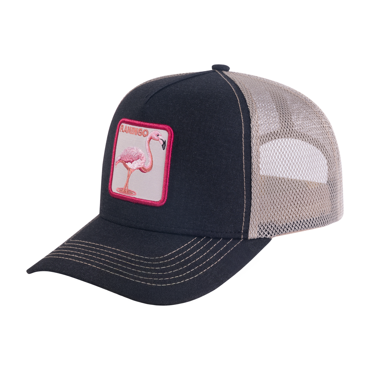 Flamingo 5-Panel Trucker Hat with Black front and Khaki back