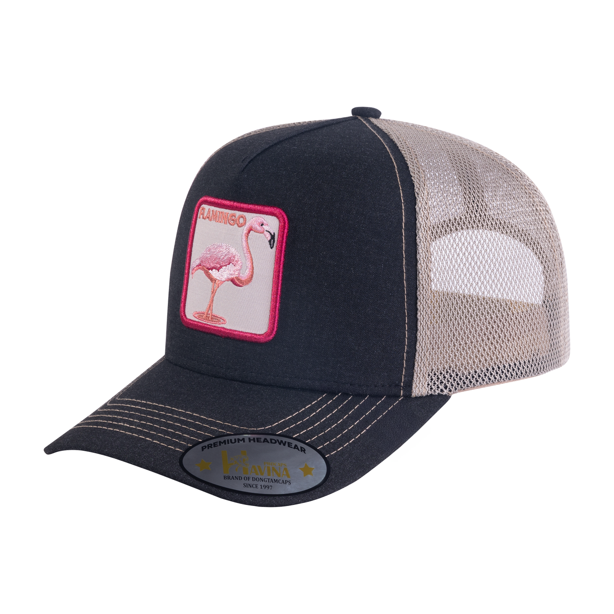 Flamingo 5-Panel Trucker Hat with Black front and Light Grey back