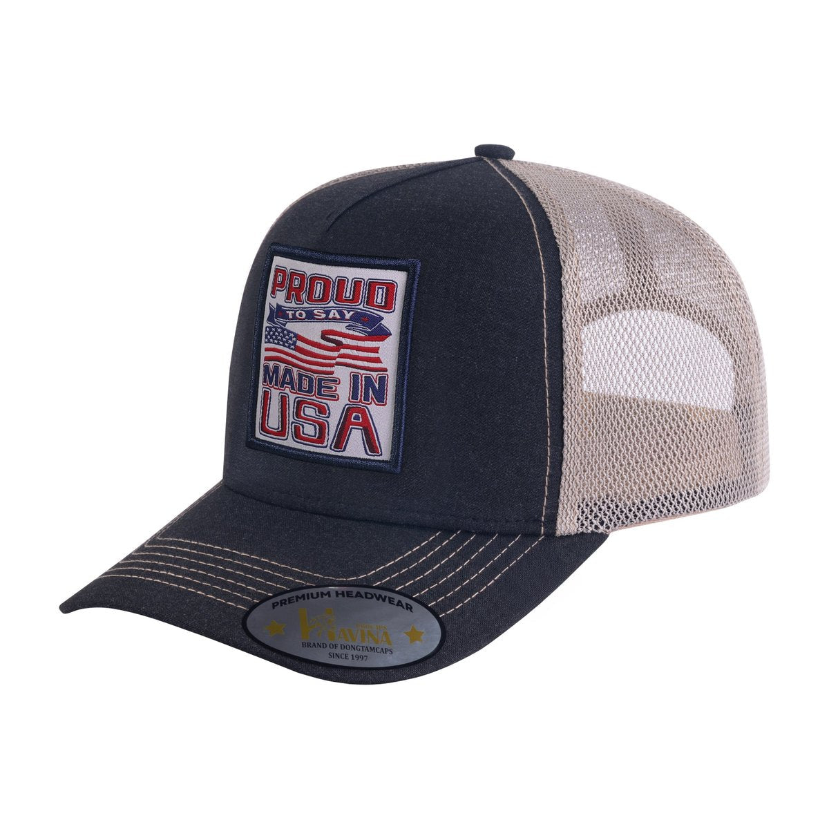 Proud to Say Made in USA 5-Panel Trucker Hat with Black front and Khaki back