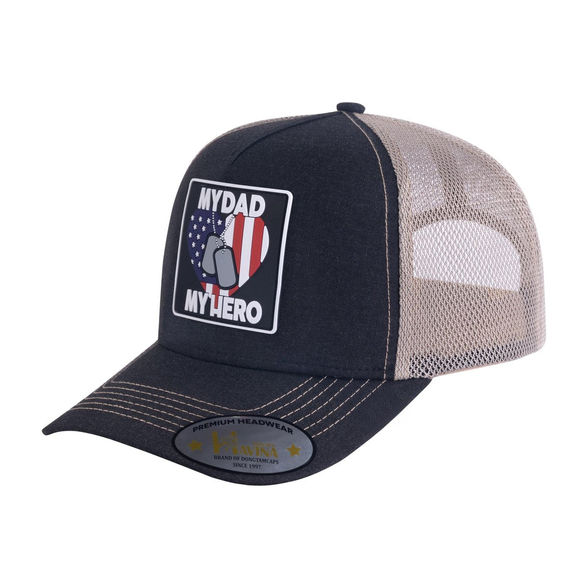 My Dad My Hero 5-Panel Trucker Hat with Black front and Khaki back