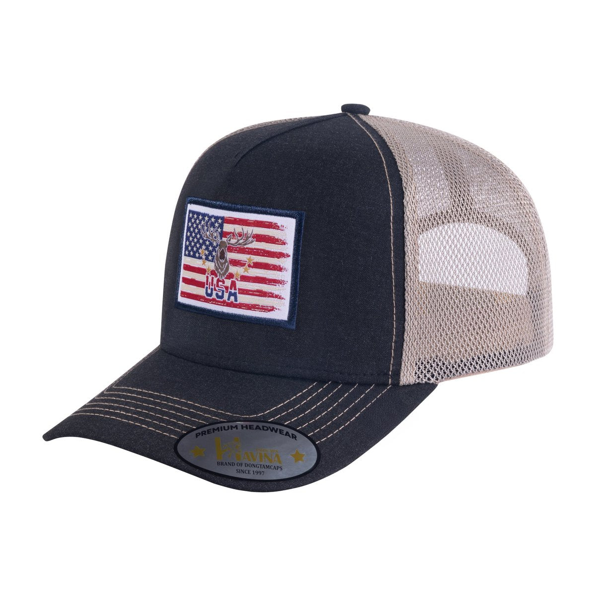USA Deer Hunter 5-Panel Trucker Hat with Black front and Khaki back