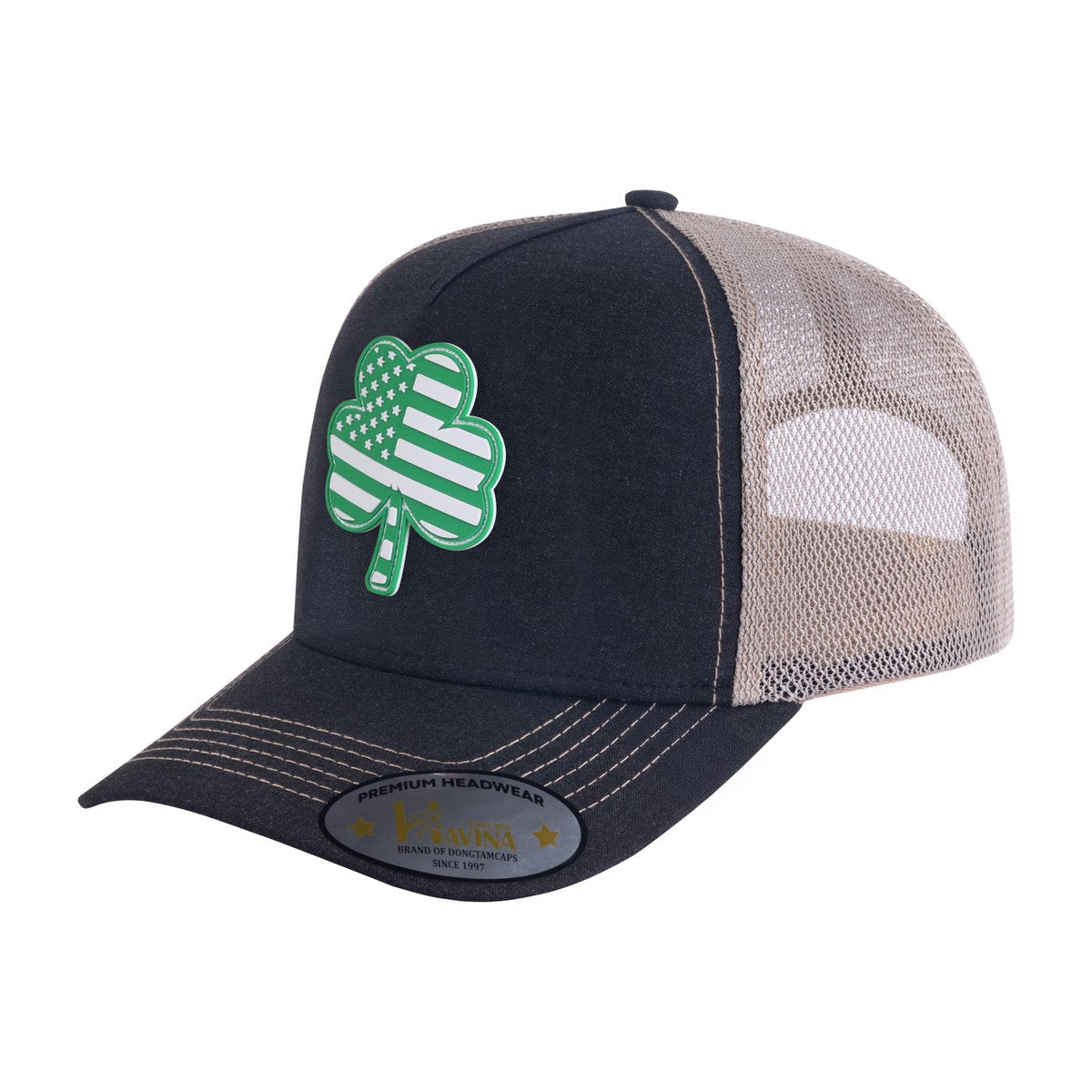 St. Patrick's Day Four Leaf Shamrock 5-Panel Trucker Hat with Black front and Khaki back