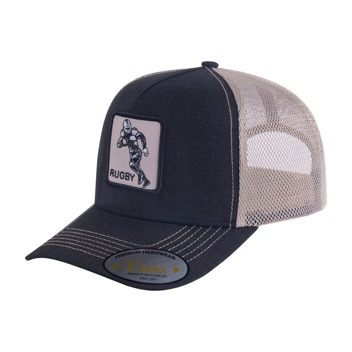 Rugby 5-Panel Trucker Hat with Black front and Khaki back