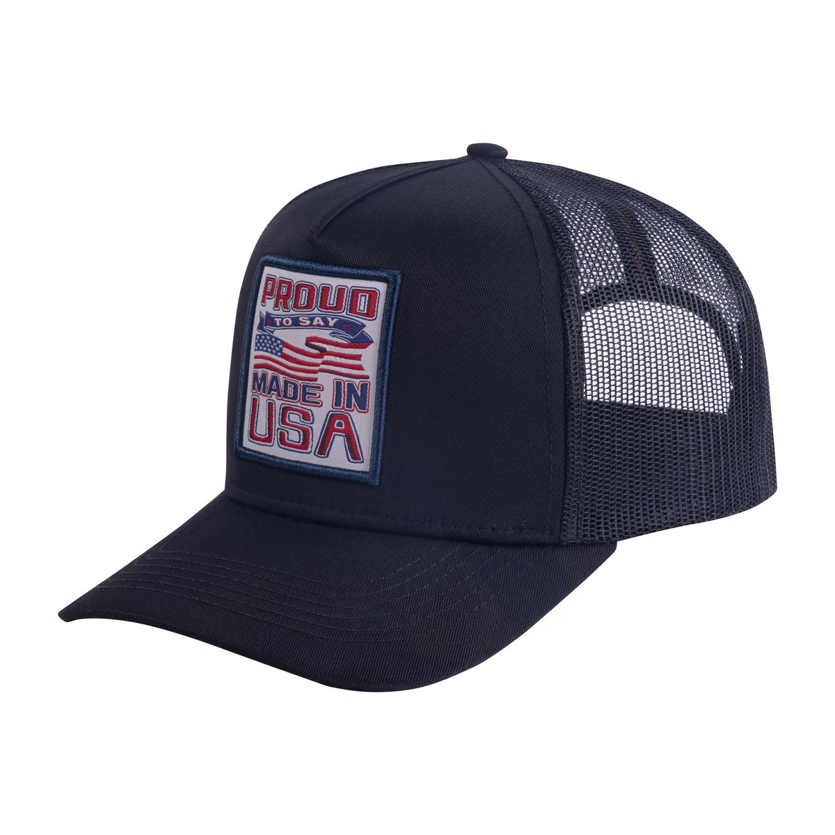 Proud to Say Made in USA 5-Panel Trucker Hat with Black front and Black back