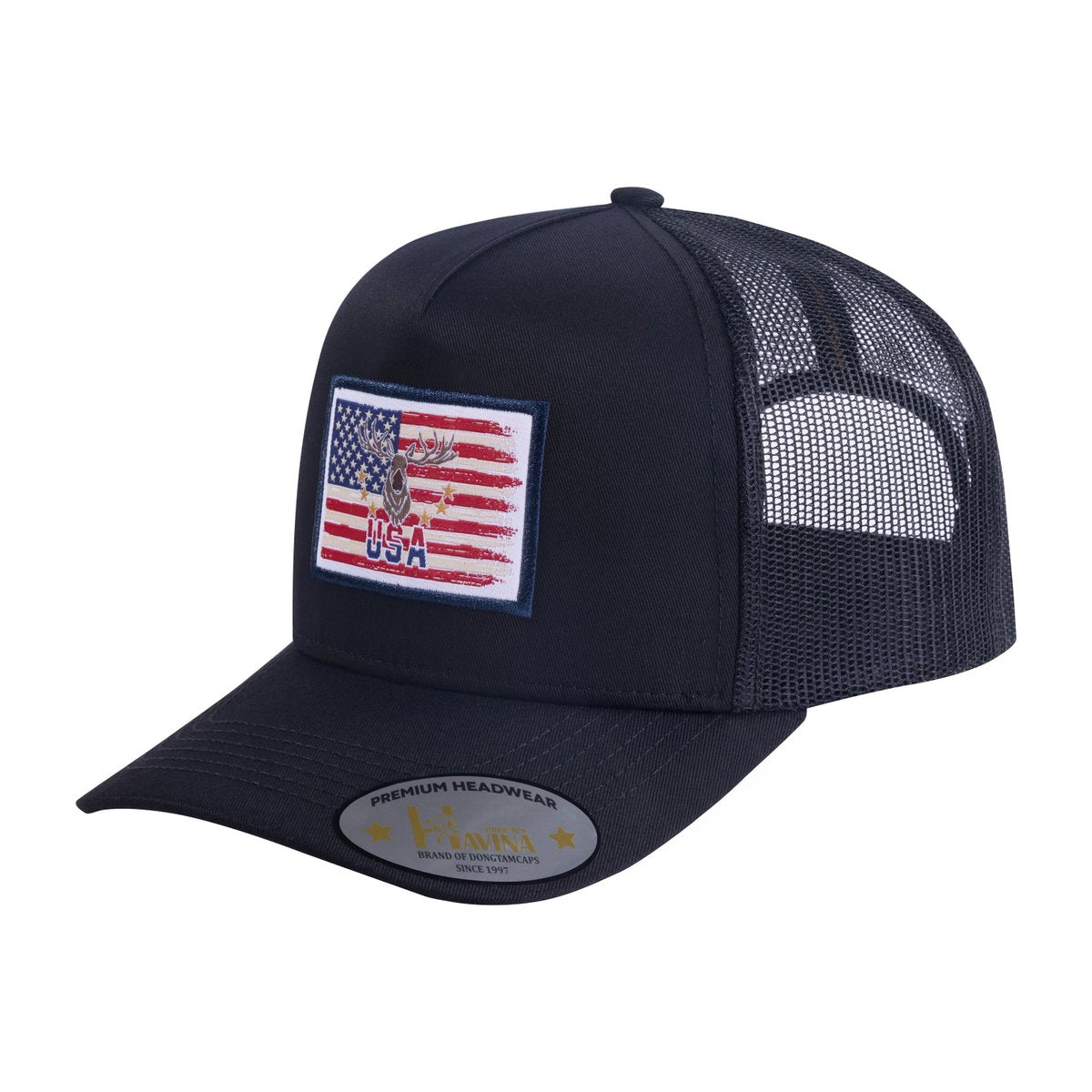 USA Deer Hunter 5-Panel Trucker Hat with Black front and Black back