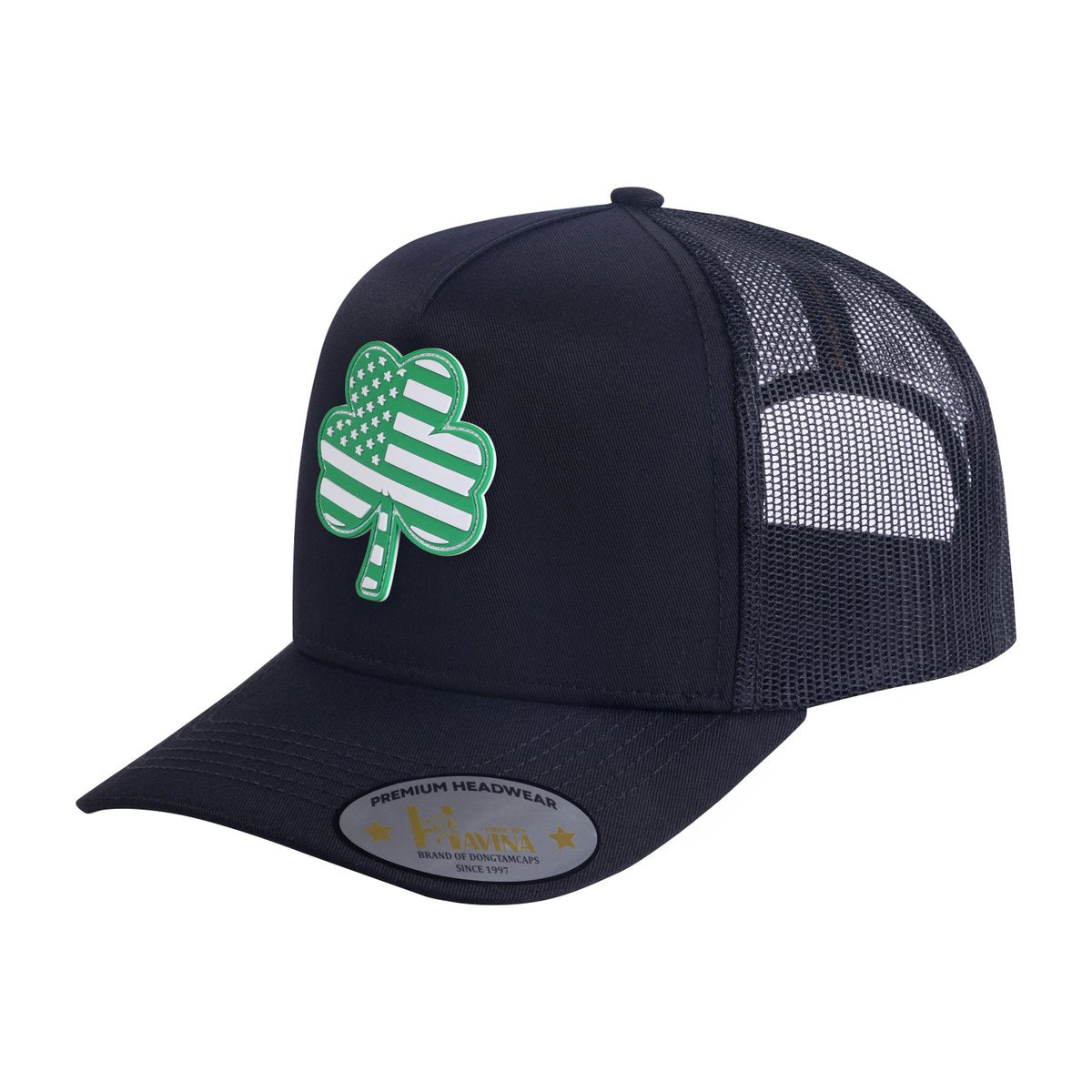 St. Patrick's Day Four Leaf Shamrock 5-Panel Trucker Hat with Black front and Black back