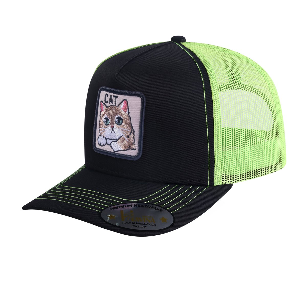 Cat 5-Panel Trucker Hat with Black front and Green back