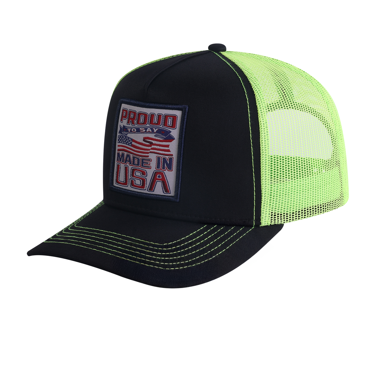 Proud to Say Made in USA 5-Panel Trucker Hat with Black front and Green back